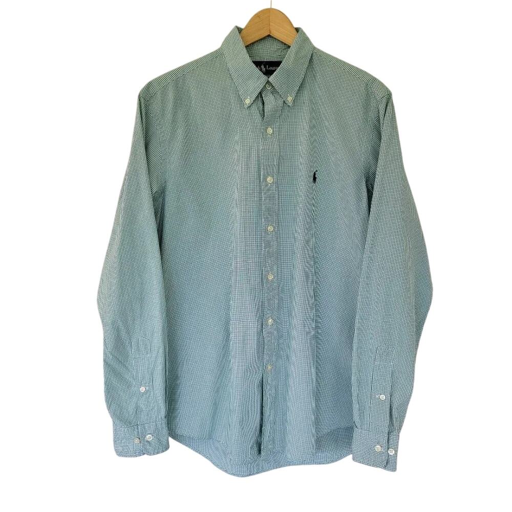 Ralph Lauren Long Sleeve Houndstooth Button Down Shirt Green White Mens Size L